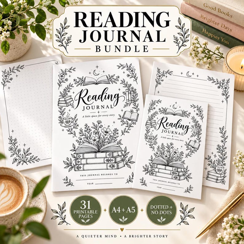 May include: A reading journal bundle featuring white paper sheets with black ink illustrations of books, flowers, and stars. The covers display the text Reading Journal, A little space for every story, and This journal belongs to. Includes 31 printable pages.