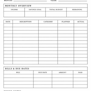 K&ouml;nnte beinhalten: Ein schwarz-wei&szlig;er Budget-Tracker mit dem Text The Midnight Collection, Make room for magic, sowie Abschnitten f&uuml;r monatliche &Uuml;bersicht, Einkommen, Sparziel, Gesamtbudget, verbleibenden Betrag, Datum, Beschreibung, Kategorie, Planung, Ausgaben und Notizen.