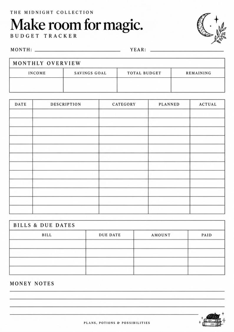 K&ouml;nnte beinhalten: Ein schwarz-wei&szlig;er Budget-Tracker mit dem Text The Midnight Collection, Make room for magic, sowie Abschnitten f&uuml;r monatliche &Uuml;bersicht, Einkommen, Sparziel, Gesamtbudget, verbleibenden Betrag, Datum, Beschreibung, Kategorie, Planung, Ausgaben und Notizen.