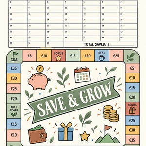 May include: A printable savings tracker game board titled SAVE & GROW with a numbered grid from 1 to 52, a path of colored squares with currency amounts, a piggy bank, a calendar, a wallet, a gift box, and a stack of coins, plus the text Small steps. Big goals.