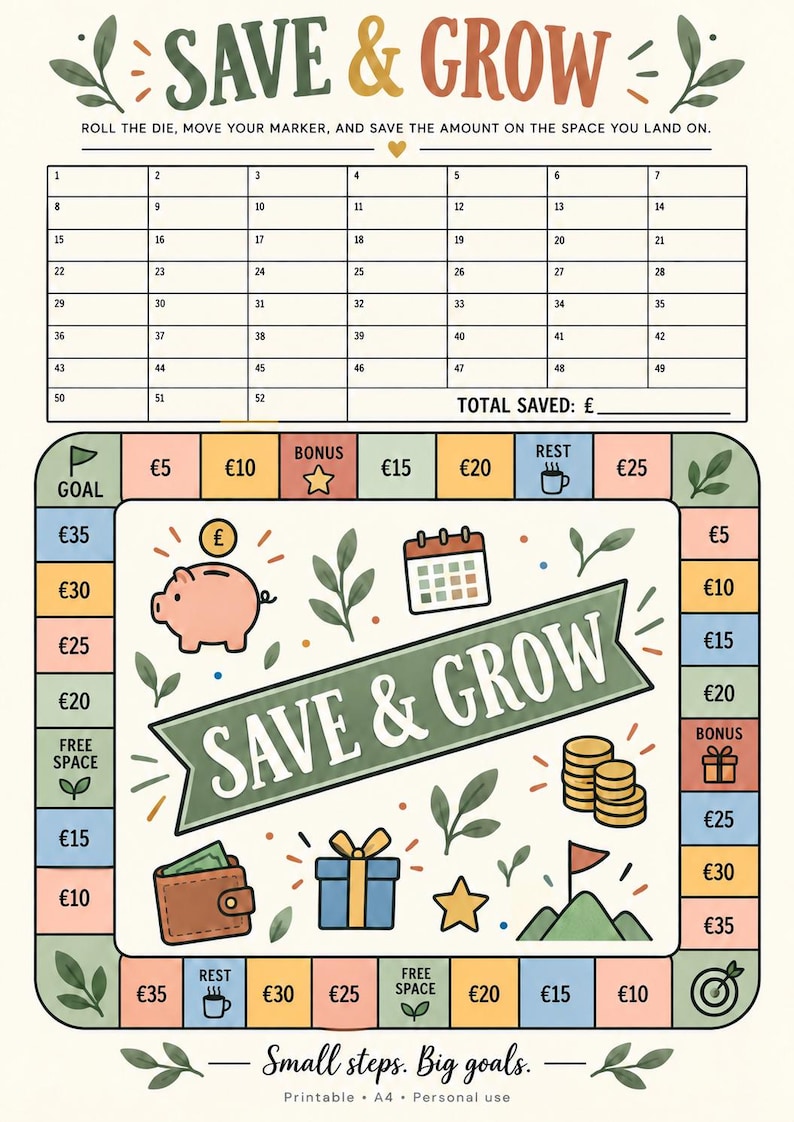 May include: A printable savings tracker game board titled SAVE & GROW with a numbered grid from 1 to 52, a path of colored squares with currency amounts, a piggy bank, a calendar, a wallet, a gift box, and a stack of coins, plus the text Small steps. Big goals.