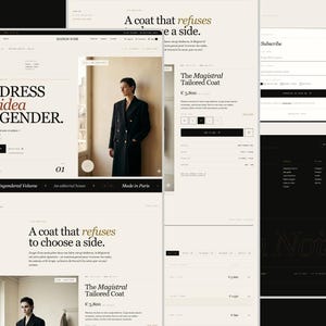 May include: Website design showcasing a black tailored coat. Text includes "UNDRESS the idea OF GENDER" and "A coat that refuses to choose a side." The site has a minimalist design with a neutral colour palette.