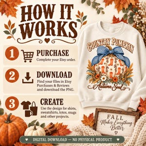 May include: A digital download instruction graphic featuring a cream-coloured sweatshirt with a Country Pumpkin graphic, a blue bandana bow, cowboy boots, and horseshoes. The text reads How It Works, Purchase, Download, Create, and Fall Makes Everything Better.