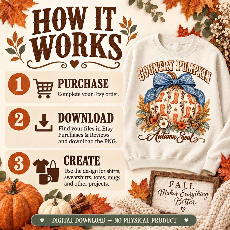 May include: A digital download instruction graphic featuring a cream-coloured sweatshirt with a Country Pumpkin graphic, a blue bandana bow, cowboy boots, and horseshoes. The text reads How It Works, Purchase, Download, Create, and Fall Makes Everything Better.