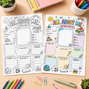 Peut inclure: Deux feuilles d'activit&eacute;s All About Me, une en noir et blanc et une en couleur, avec des sections pour les d&eacute;tails personnels, favoris, objectifs et faits amusants, illustr&eacute;es par un soleil, un arc-en-ciel, des livres et un sac &agrave; dos.