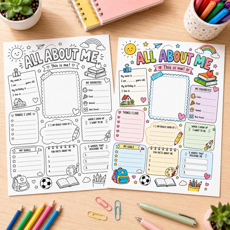 Peut inclure: Deux feuilles d'activit&eacute;s All About Me, une en noir et blanc et une en couleur, avec des sections pour les d&eacute;tails personnels, favoris, objectifs et faits amusants, illustr&eacute;es par un soleil, un arc-en-ciel, des livres et un sac &agrave; dos.
