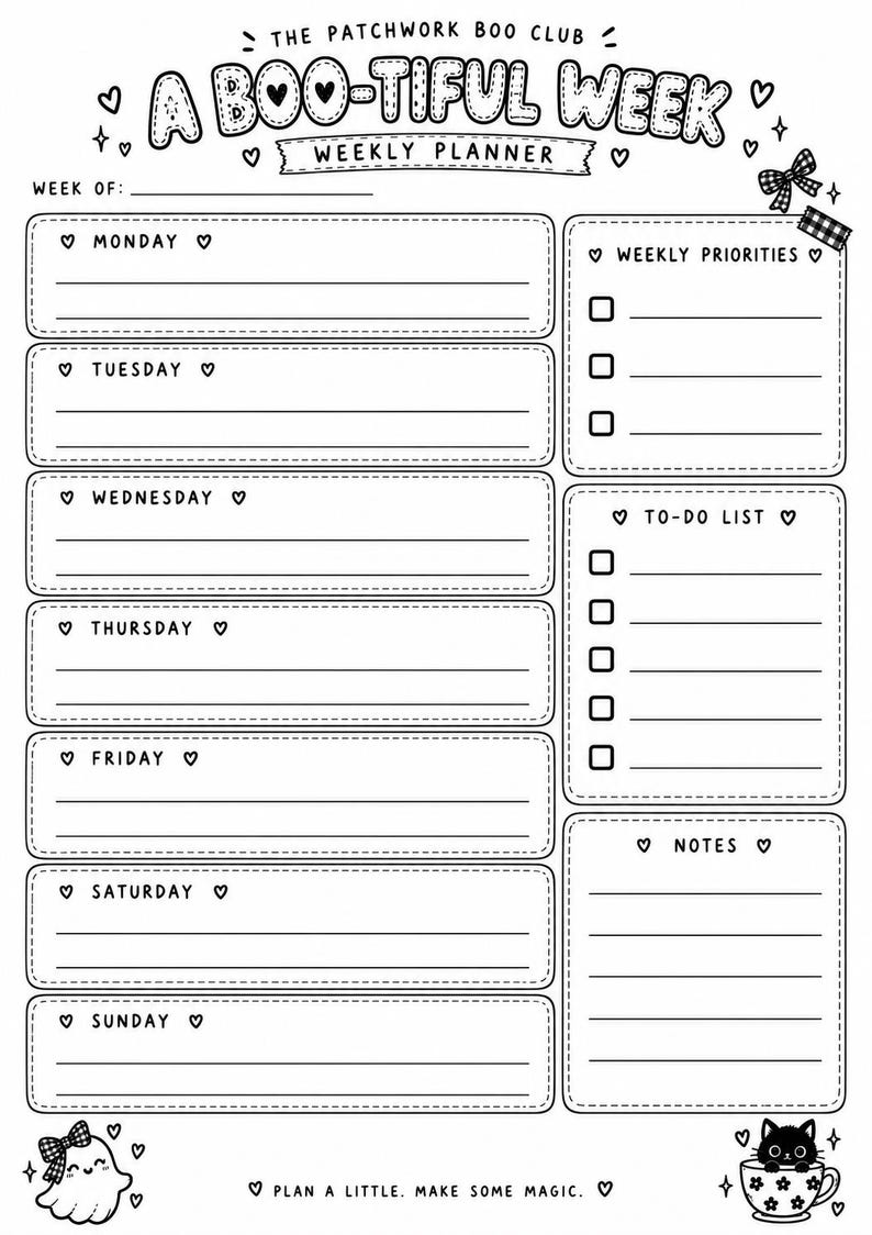 May include: A black and white weekly planner page titled The Patchwork Boo Club A Boo-Tiful Week. It features sections for Monday through Sunday, Weekly Priorities, and a To-Do List with checkboxes, plus a Notes section and a Plan a little. Make some magic. footer.