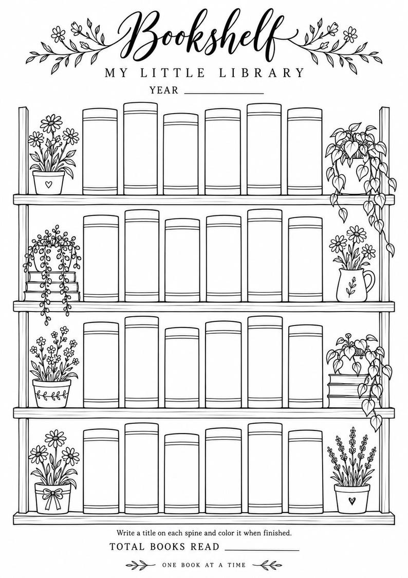 May include: A black and white printable colouring page featuring a four-shelf bookshelf labelled Bookshelf MY LITTLE LIBRARY YEAR. Each shelf contains blank book spines for titles and various potted plants. The bottom text reads TOTAL BOOKS READ.