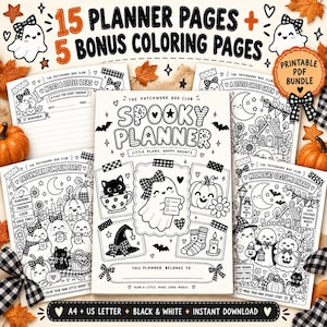 May include: A printable PDF bundle featuring 15 planner pages and 5 bonus coloring pages with black and white illustrations of ghosts, pumpkins, and cats. The cover reads Spooky Planner, Little Plans, Happy Haunts, and This Planner Belongs To.