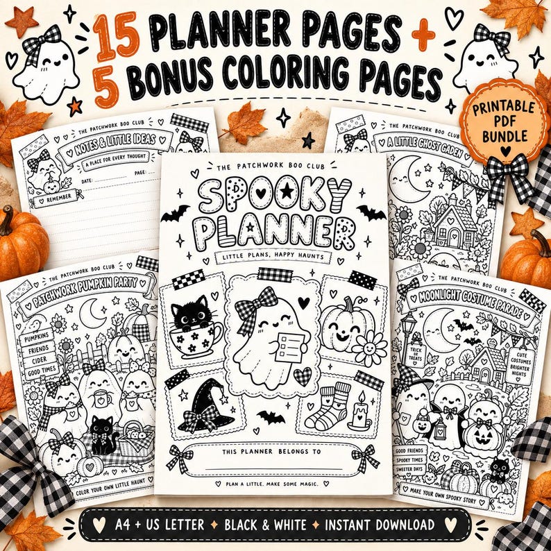 May include: A printable PDF bundle featuring 15 planner pages and 5 bonus coloring pages with black and white illustrations of ghosts, pumpkins, and cats. The cover reads Spooky Planner, Little Plans, Happy Haunts, and This Planner Belongs To.