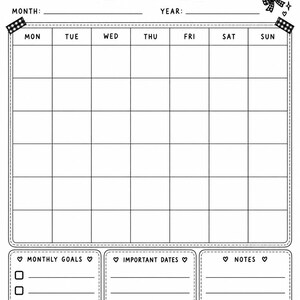 May include: A black and white monthly planner page titled The Patchwork Boo Club A Boo-Tiful Month. It features a calendar grid, sections for monthly goals, important dates, and notes, decorated with a ghost, a cat in a teacup, and bows.