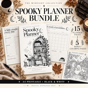 K&ouml;nnte beinhalten: Ein druckbares Planer-Set mit dem Titel The Midnight Collection Spooky Planner Bundle, bestehend aus 15 Planerseiten und 5 Bonus-Malvorlagen. Das Cover zeigt einen Geist, der an einem Schreibtisch vor einem B&uuml;cherregal schreibt.