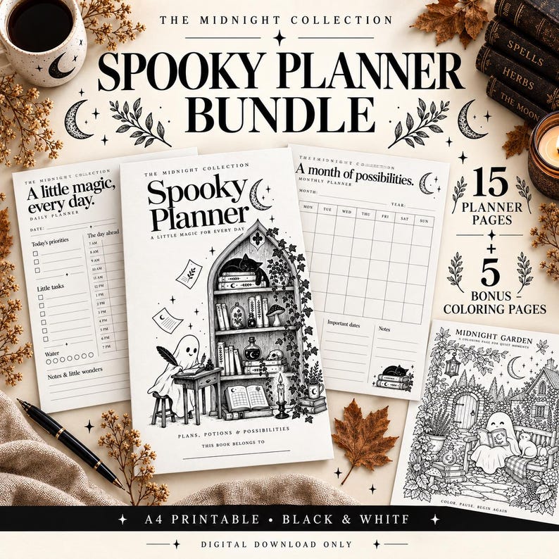 K&ouml;nnte beinhalten: Ein druckbares Planer-Set mit dem Titel The Midnight Collection Spooky Planner Bundle, bestehend aus 15 Planerseiten und 5 Bonus-Malvorlagen. Das Cover zeigt einen Geist, der an einem Schreibtisch vor einem B&uuml;cherregal schreibt.