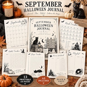 Op de afbeelding: Een september Halloween journal set met een voorpagina, maandkalender, stemmings-, gewoonte- en slaaptracker, filmlijst en afspeellijst. De pagina's zijn zwart-wit met illustraties van katten, pompoenen en geesten.
