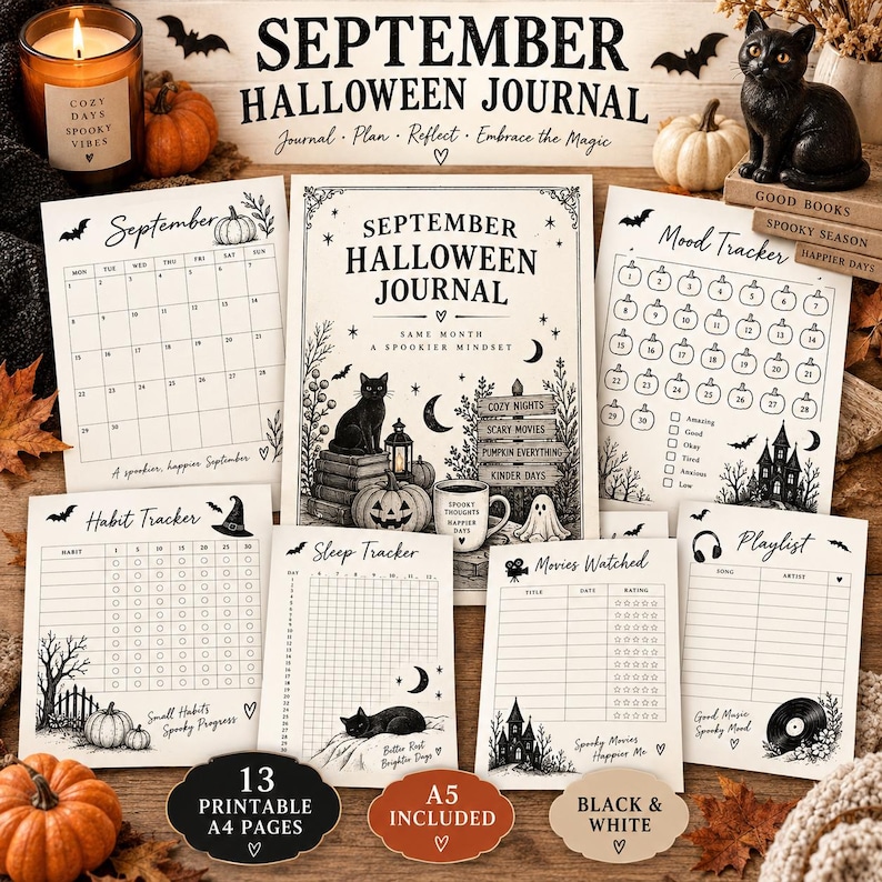 Op de afbeelding: Een september Halloween journal set met een voorpagina, maandkalender, stemmings-, gewoonte- en slaaptracker, filmlijst en afspeellijst. De pagina's zijn zwart-wit met illustraties van katten, pompoenen en geesten.