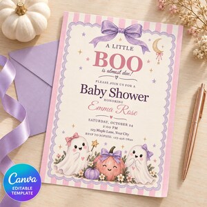 Rosa spöke babyshowerinbjudan, redigerbar Canvas-mall, Halloweeninbjudan bild 2