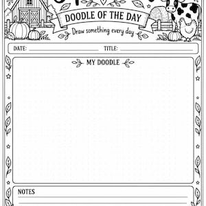 May include: A black and white printable doodle page featuring the text September, Doodle of the Day, and Draw something every day. The design includes a farm scene with a barn, cow, chicken, pumpkins, sunflowers, and a blank space for a doodle.