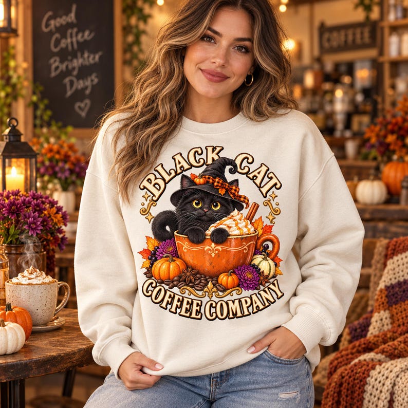 Puede incluir: Una sudadera de cuello redondo color crema con un gr&aacute;fico de un gato negro con sombrero de bruja dentro de una taza de caf&eacute; naranja. El dise&ntilde;o incluye calabazas, hojas de oto&ntilde;o y el texto Black Cat Coffee Company en letra decorativa.