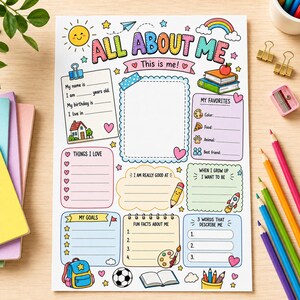 Peut inclure: Une fiche d'activit&eacute; color&eacute;e intitul&eacute;e All About Me pour enfants, comprenant des sections pour les informations personnelles, les favoris, les objectifs et des faits amusants. Elle pr&eacute;sente des illustrations de soleil, arc-en-ciel, livres, sac &agrave; dos, ballon de football et crayon.