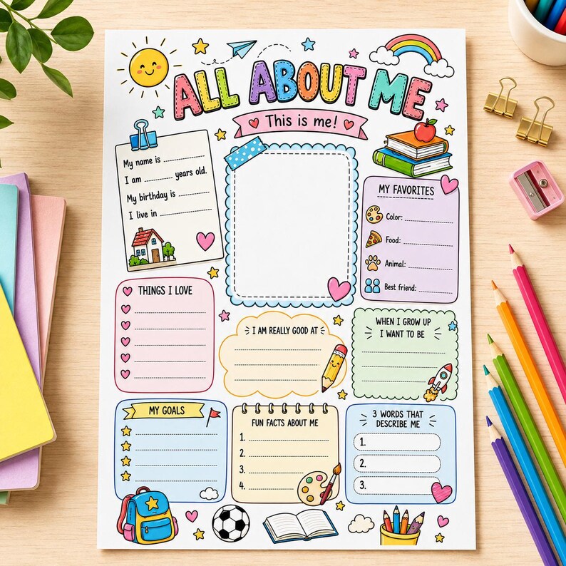 Peut inclure: Une fiche d'activit&eacute; color&eacute;e intitul&eacute;e All About Me pour enfants, comprenant des sections pour les informations personnelles, les favoris, les objectifs et des faits amusants. Elle pr&eacute;sente des illustrations de soleil, arc-en-ciel, livres, sac &agrave; dos, ballon de football et crayon.