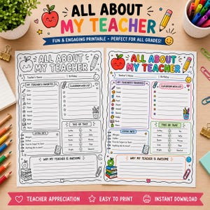 Peut inclure: Deux feuilles de travail imprimables intitul&eacute;es All About My Teacher, l'une en noir et blanc et l'autre en couleur. Chaque feuille comprend des sections pour les favoris de l'enseignant, une liste de souhaits, des choix, et des informations.