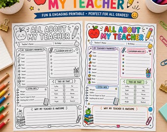 Questionnaire pour enseignants destiné aux enfants, cadeau de fin d'année à imprimer (téléchargement numérique)