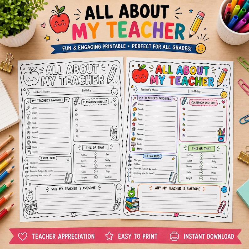 Peut inclure: Deux feuilles de travail imprimables intitul&eacute;es All About My Teacher, l'une en noir et blanc et l'autre en couleur. Chaque feuille comprend des sections pour les favoris de l'enseignant, une liste de souhaits, des choix, et des informations.