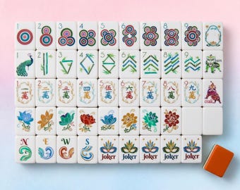 Colorful Mahjong Set, White Tiles with Orange Back, Floral Joker, Peacock Bam & Crak Designs, Gift for Game Night