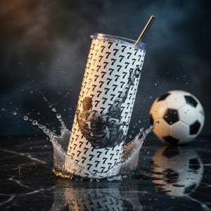 May include: A white tumbler with a black number 7 pattern and a soccer player illustration. A stainless steel straw is inserted into the lid. A soccer ball is in the background, and water droplets surround the tumbler.