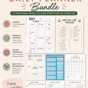 May include: A printable daily planner bundle with 10 pages to organize your life. Includes a daily planner, self-care checklist, weekly planner, and more. Features a minimalist aesthetic and is easy to use.