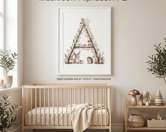 Mushroom Alphabet Nursery Wall Art Printable A–Z, Woodland Baby Name Print, Neutral Kids Room Decor, Digital Download