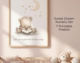 Sweet Dream Nursery Wall Art Set of 7, Printable Posters, Baby Room Decor, Instant Download, Watercolor Teddy Bear