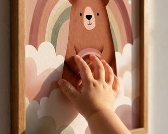 Boho Nursery Wall Art Prints, Rainbow Bear Bunny Poster Set, Gender Neutral Baby Room Decor, Instant Download, Printable Nursery Art