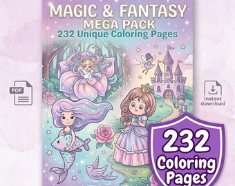 Magic Fantasy Coloring Pages Mega Bundle | 232 Printable Pages | Mermaids Fairies Princess | Instant Download PDF