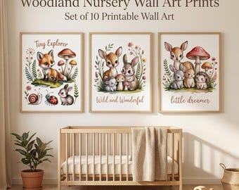 Woodland Nursery Wall Art Prints Set of 10, Printable Nursery Decor, Forest Animals Wall Art, Baby Room, Instant Download, Boho Nursery