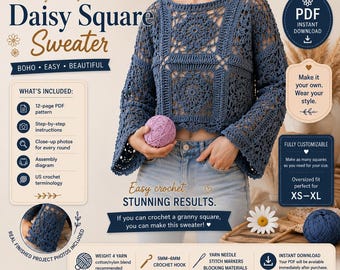 Daisy Square Crochet Sweater Pattern | Granny Square Top | Boho Crochet Pattern | Easy Crochet Top PDF | Instant Download