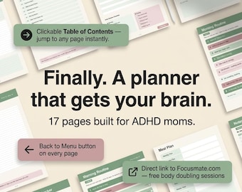 ADHD Mom Planner Printable PDF | Hyperlinked Fillable Planner | Brain Dump Daily Focus Dopamine Menu Habit Tracker | Digital Download