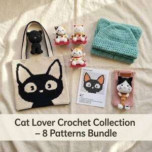 May include: A collection of crochet cat-themed items, including a tote bag with a black cat face, small cat figurines, a blue crochet hat, and a crochet cat phone case. The image also shows a pattern for a black cat.