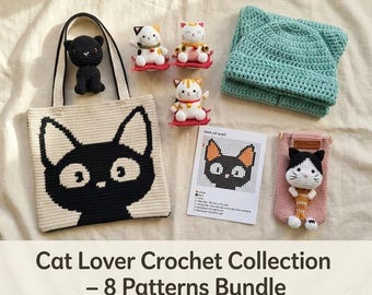 Cat Lover Crochet Pattern Bundle | 8 PDF Patterns | Amigurumi Lucky Cat Black Cat Bag Kitty Scarf Phone Pouch