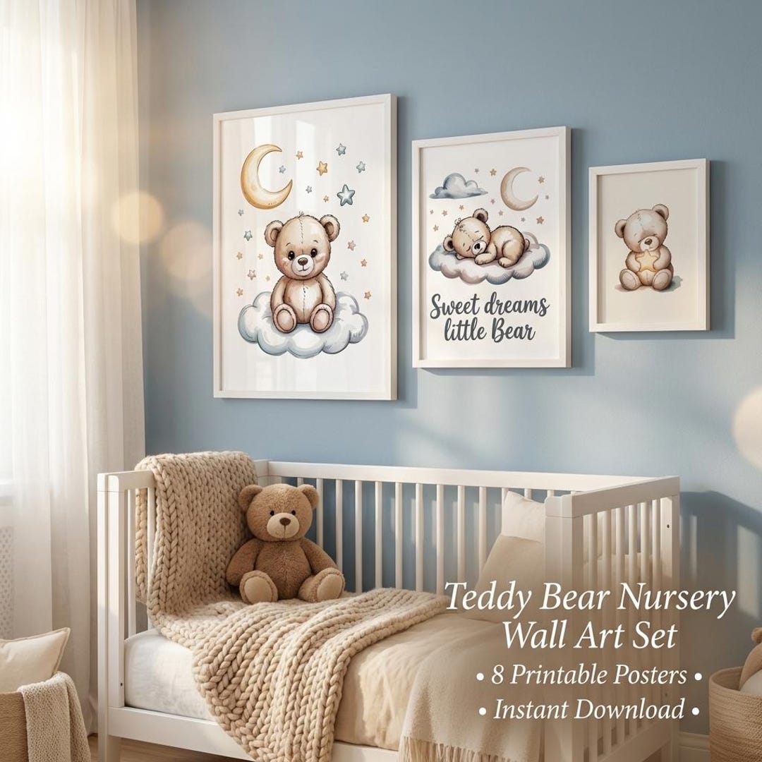 Teddy Bear Nursery Wall Art Set, 8 Printable Posters, Baby Room Decor ...