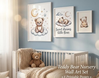 Teddy Bear Nursery Wall Art Set, 8 Printable Posters, Baby Room Decor, Bear Print, Sweet Dreams, Instant Download, Nursery Prints Bundle