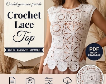 Boho Crochet Lace Top Pattern PDF | Circle Granny Square Blouse | Sleeveless Summer Top | Intermediate Crochet