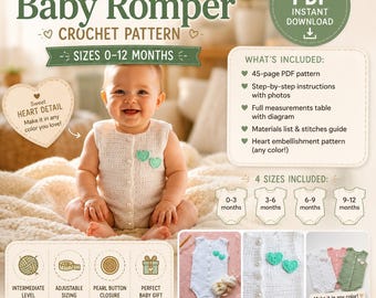 Baby Romper Crochet Pattern, Newborn Romper PDF, Baby Bodysuit Pattern, Sizes 0-12 Months, Instant Download