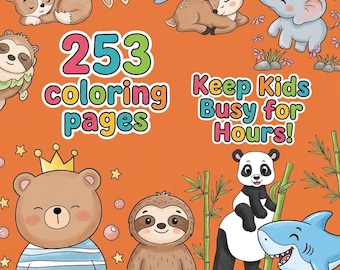 Kids Animal Coloring Pages Mega Bundle | 253 Printable Pages | Bears Pandas Sharks | Instant Download PDF