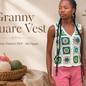 Könnte beinhalten: Eine ärmellose Weste aus weißen, grünen und rosafarbenen Granny-Square-Häkelquadraten mit V-Ausschnitt und Knopfleiste. Der Text lautet Granny Square Vest, Crochet Pattern PDF, 46 Pages und Instant Download.