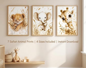 Safari Nursery Wall Art Prints Set of 7 | Boho Baby Animal Printable Poster | Lion Elephant Giraffe Nursery Decor | Instant Download
