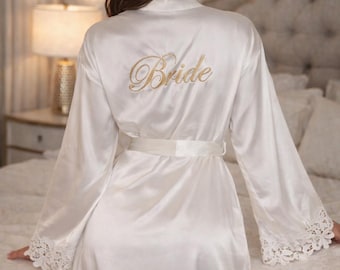 Vestaglia da sposa in raso con ricami dorati – Vestaglia da sposa con rifiniture in pizzo – Vestaglia da sposa per la mattina – Regalo per la festa nuziale – Vestaglia per la futura sposa