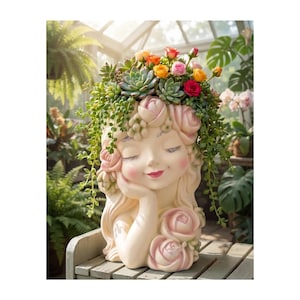 May include: A cream-colored ceramic planter shaped like a serene face with closed eyes, adorned with sculpted roses. The head is overflowing with a vibrant arrangement of green succulents, trailing vines, and small yellow, pink, and red flowers.