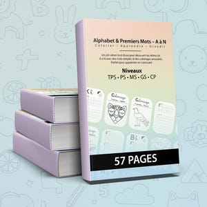 May include: A stack of three light purple books with white pages and a larger book standing upright. The cover of the upright book has text in French, including "Alphabet & Premiers Mots - A à N" and "57 PAGES". The background is light blue with cartoon animal outlines.