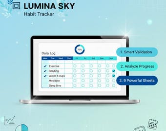 Lumina Sky Habit Tracker | Blaues Cyan Theme, 30 Habits,geb 24-24 Monate, Business Standard (Excel / Sheets) Dashboard